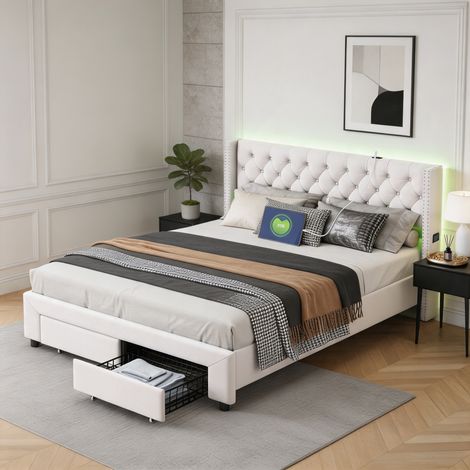 Lit 140x190 avec tiroirs - Timpfee - lit double 140x190 cm - cadre de lit 140x190 cm - LED ET USB - tissu en velours - blanc cassé (1/5)