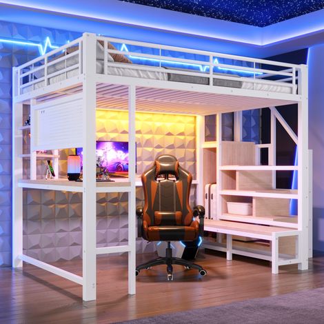 REDOM Hochbett 255x145.5x170 cm, mit Schreibtisch, Lochwand, Regalen, Leiterschrank, LED, MDF, Metall, weiß (1/5)