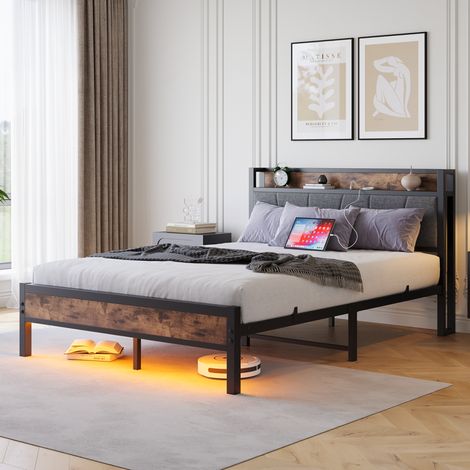 Cama adulto de 140x200 cm con iluminación LED, puertos USB, de metal, sin colchón, negro y marrón (1/5)