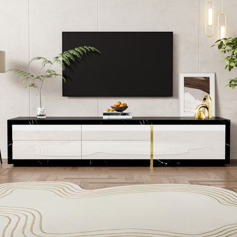 Ausziehbarer und schwenkbarer TV-Schrank 140–260 x 40 x 30 cm – Design in schwarzem Marmor, weiß lackiert und mit goldenen Details – Weiß und Schwarz (1/5)