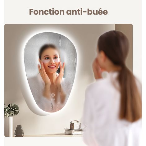 EMKE Miroir lumineux de salle de bain rétro-éclairage, miroir salle de bain asymétrique, anti-buée, interrupteur tactile, 3 couleurs de lumière dimmables, 80 x 60 cm