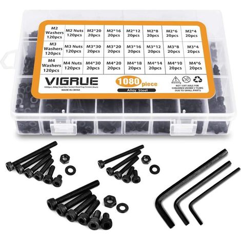 1080 Pièces M2 M3 M4 Boulons À Vis En Acier Au Carbone Écrous Et Rondelles Kit D'assortiment De Avec Boîte De Rangement Plat (1080 Pièces) (1/5)
