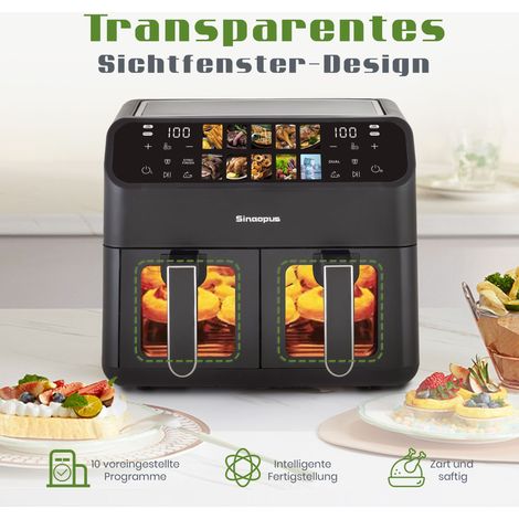 Friteuse sans huile double bac XXL 9 L, écran tactile LED, thermostat réglable 80-200 °C, minuterie précise, cuisson saine 10-en-1 pour famille nombreuse. (1/5)