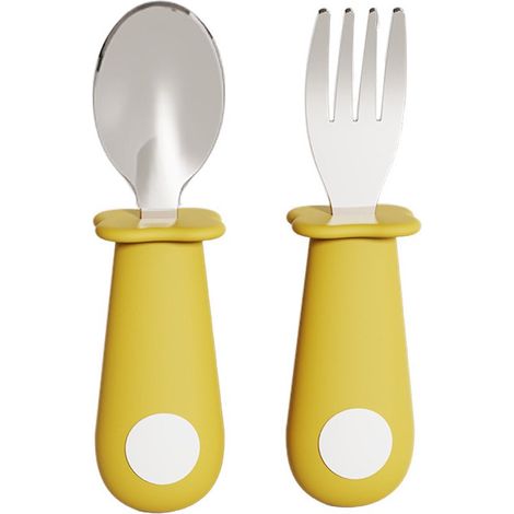 Set di 4 cucchiaini gialli per neonati con manico in silicone, cucchiaio per bambini con manico corto in acciaio inox 316, stoviglie per la pappa dei neonati (1/2)