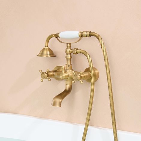 Retro Badewannenarmatur mit Handbrause, Antik Messing Wand Badewanne Mischbatterie,360° Schwenkbarer Auslauf,Retro Bad Dusche Set Mit Doppelter Griff Duscharmatur für Badezimmer (1/5)
