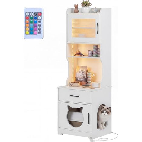 COSTWAY Recinto per Lettiere per Gatti con Luce LED, Ripiani e Cassetto, 152cm,Bianco (1/5)