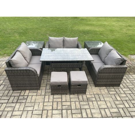 Fimous 8 Sitzer Outdoor Rattan Gartenmöbel-Set mit Terrassen Rechteckiger Esstisch 2 Beistelltischen Liebe Sofa 2 kleine Fußhockern Dunkelgrau gemischt