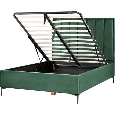 Lit Coffre Double à Tête de Lit Haute avec Rangement Coffre Relevable 140 x 200 cm en Velours Vert Foncé Sezanne (1/5)