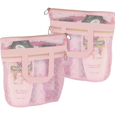 Ensemble 2 pièces - Trousse de toilette - Trousse à maquillage - Organisateur de douche - Organisateur de voyage - Sac à main - 25 x 26 cm - Rose - Maille à séchage rapide (1/5)