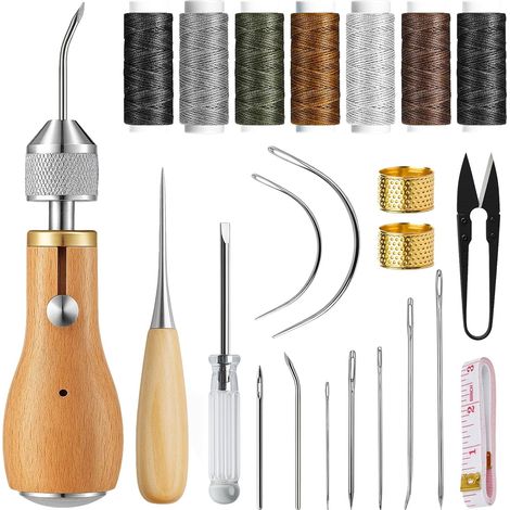 21 Kit de Couture en Cuir, Kit de Couture du Cuir, Kit Reparation Cuir, avec Aiguille Courbe, Poinçon, Rouleaux de Fil Ciré, Anneau en Laiton, pour Réparation de Moquette, Cuir et Toile (1/5)