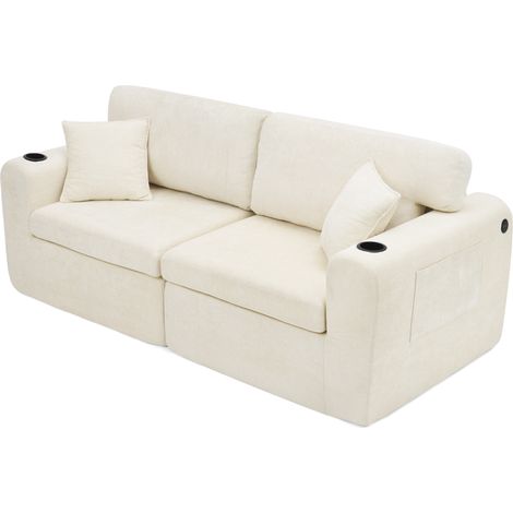 Sofá relax de 2 plazas en chenilla beige con bolsillo lateral, portavasos y cojines MODENUIT (1/5)
