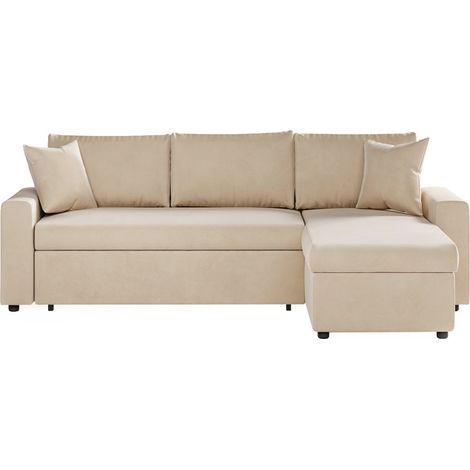 Les Tendances – Canapé d'angle convertible réversible avec coffre en velours – Dimensions 223x148x81 cm – Couchage 135x195 cm – Beige (1/5)