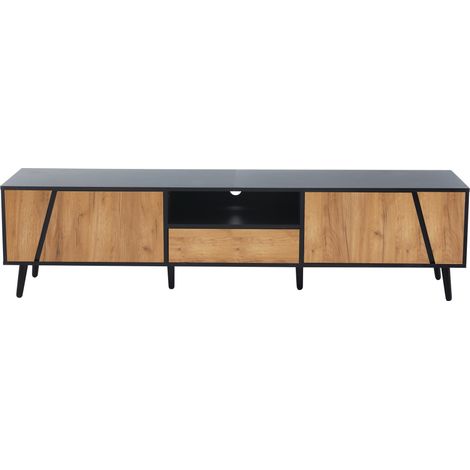 Modernes TV-Lowboard 180 x 40 x 46 cm mit 2 Schränken und Schublade, Schwarz/Holz (1/5)