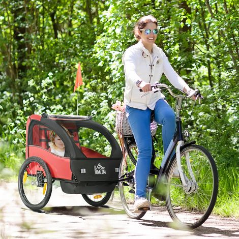 Remorque Vélo Enfants Ceinture Sécurité Amortisseur Sport Entraînement +18 mois Rouge 140x88x90cm