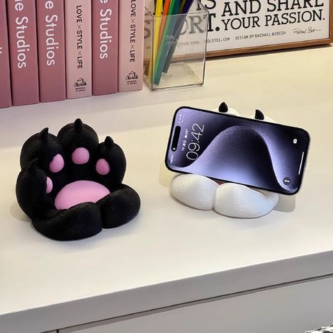 Soporte para teléfono con forma de pata de gato - Soporte para tablet de madera maciza con forma de silla y organizador de escritorio - Negro (1/2)