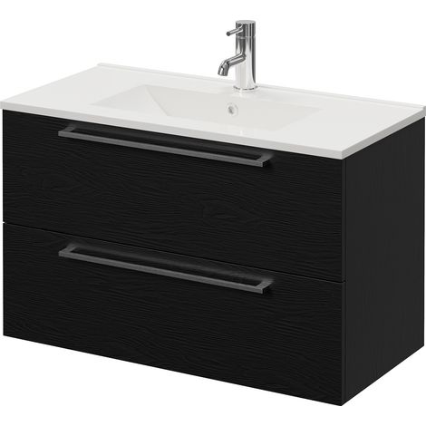 Napoli 390 Nero Oak 800mm Wall Mounted 2 Drawer Vanity Unit with Angel Basin - 800mm - Chrome 480mm Handle