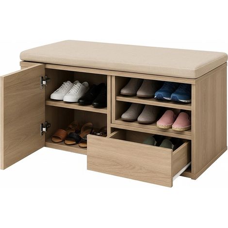 Scarpiera Panca d’Ingresso con Seduta Imbottita in Legno Naturale Rovere