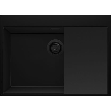 PRIMAGRAN Evier Cuisine en Granit 68x50cm,Lavabo 1 bac + Kit de Vidage + Planche à Découper, Évier à Encastrer au meuble 70cm - Oslo, Tout Noir (1/5)