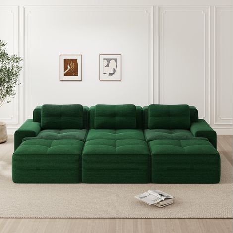 Canapé modulaire en velours côtelé vert, fonction couchage, assise profonde 74 cm, avec 3 poufs (1/5)