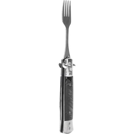 Fourchette de camping pliante à ressort, ouverture facile par simple pression d'un bouton, acier inoxydable 304, format de poche, noire. (1/5)