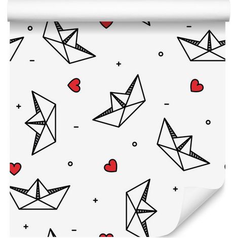 Papel pintado de barquitos de papel con corazones para salón y dormitorio, 50x1000 cm (1/5)