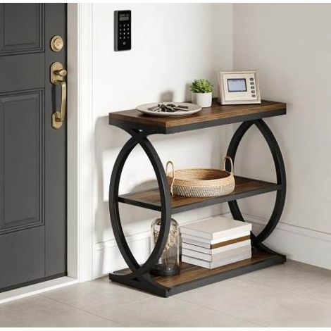 Mesa auxiliar 60x38.3x71.5 cm, estilo industrial farmhouse, 3 niveles, metal y madera, negro y marrón rústico (1/5)