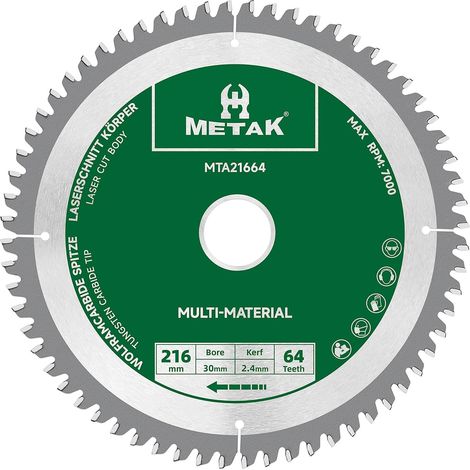 Lame de scie circulaire HM - 216 x 30 mm - 64 dents - Pour aluminium - Multi-matériaux - 216 x 30 mm - Idéale pour le bois, le stratifié, le MDF, le plastique et le cuivre - Compatible avec (1/5)