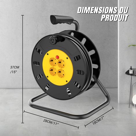 enrouleur de câble à 4 prises, 50 mètres, avec disjoncteur thermique, rallonge robuste pour l'extérieur, adapté aux jardins, ateliers, bricolage, outils électriques (1/5)