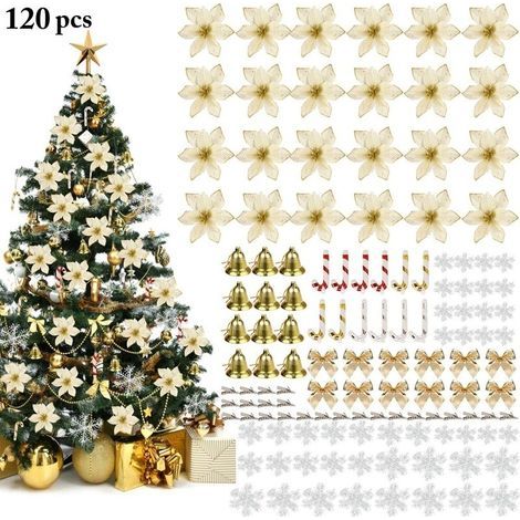 120 adornos para árbol de Navidad, flores artificiales con purpurina, colgantes de copo de nieve, bola navideña, bastón de caramelo y estrella para la cima, decoración para árbol de Navidad (1/5)