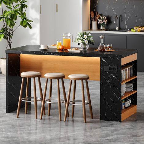 MEUBLIV Îlot de cuisine 155x80x90 cm noir – LED, prises USB et rangements ouverts (1/5)