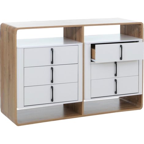 Commode HWC-P43, buffet haut, 6 tiroirs en MDF, 80 x 120 x 42 cm - aspect chéne Wotan, blanc