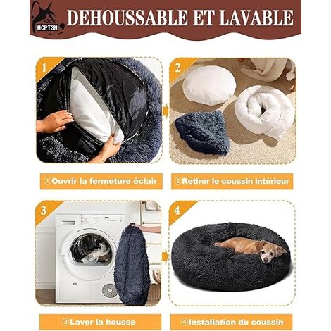 Panier Rond Chien Dehoussable - Coussin Donut Amovible et Lavable, Anti-Dérapant, Lit Apaisant, Moelleux (XL:80cm, Gris Foncé) (1/4)