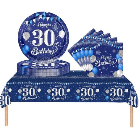 Partygeschirr 30. Geburtstag 37 Teile Marineblau Silber für Damen & Herren