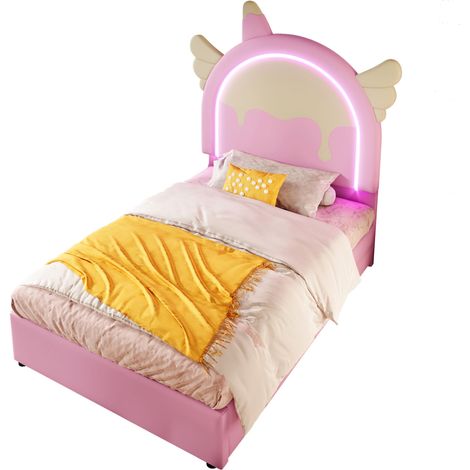 Kinderbett Einzelbett 90 x 200 cm mit 2 Schubladen und Lichtleiste, Einhornform, ohne Matratze, PU, Rosa (1/5)