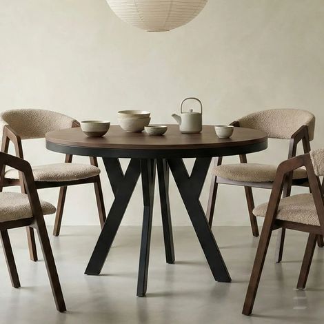 Table de salle à manger ronde extensible PERO avec cerclage métallique, style loft, diamètre : 100 / 200 cm, couleur : Franklin noyer / noir (1/5)
