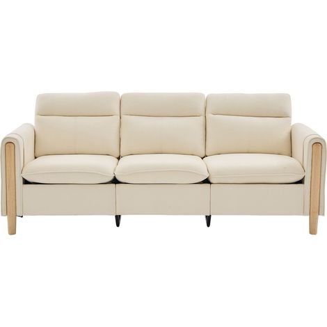 Canapé 3 places beige en chenille, canapé en L avec méridienne réversible, pouf coffre, poches latérales et pieds en bois massif (1/5)