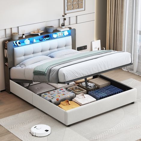 Letto contenitore per adulti 140x190 cm, una piazza e mezza con rete a doghe, sollevamento idraulico, archiviazione, ricarica wireless, LED, velluto beige