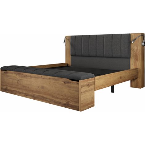 Doppelbett 160 x 200 cm mit Matratze, verstellbarem Kopfteil, Stauraum, USB-Leuchten, Eiche (1/5)