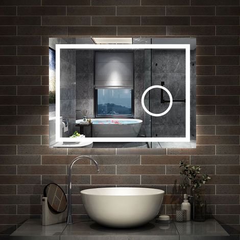 AICA Miroir de salle de bain Bluetooth 80x60 cm, Lumineux 3 Colours et loupe et Mémoire et Dimmable et Anti-Buée, CE//IP44