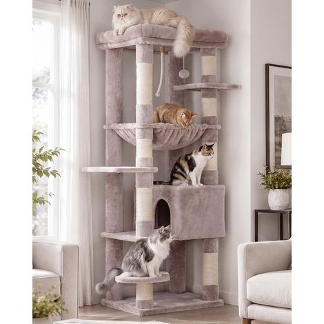 Arbre à Chat pour Gros Chats 20 lbs (9 kg) Résistant, Tour XXL 152 cm pour Chat d'Intérieur, Meuble Multi-Niveaux avec Plateforme en Peluche, Panier Doudou, Condo HCT050MU (1/5)