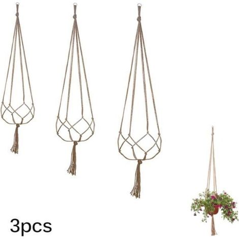 3 pièces Creative Plant Hanger Naturel Jute Chanvre Macrame Corde Fleur Pot Plante Suspendue Porte-Panier avec Porte-clés D (1/4)