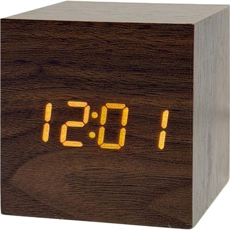 Petit réveil en Bois avec 3 alarmes, variateur Manuel, Format 12/24 Heures et Affichage LED Blanc pour Chambre à Coucher (1/5)