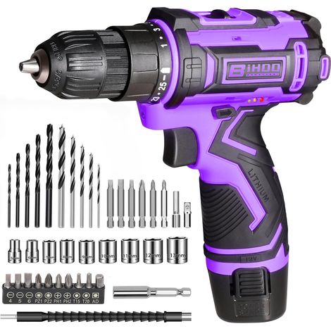 Perceuse sans fil violette 12 V, kit de tournevis électrique, mandrin sans clé de 1,9 cm, vitesse variable, avec ensemble d'embouts pour bricolage domestique (1/5)