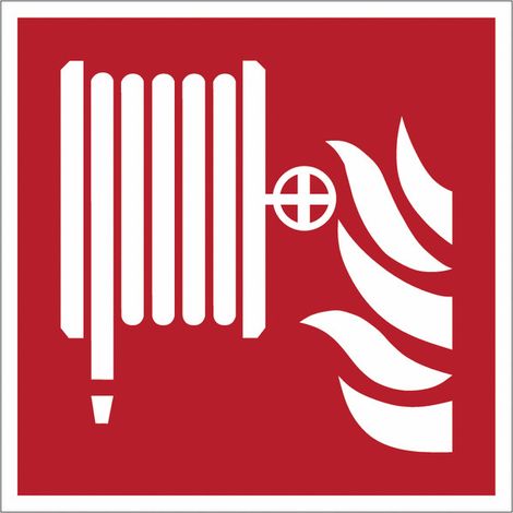 Pannello adesivo antincendio ISO 7010 "Lancia antincendio naspo" - F002
