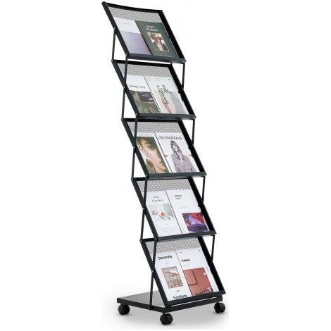 Expositor de Revistas de 5 Niveles, Soporte para Folletos con Ruedas Ancho de 45,5 cm, Revistero Metálico de Pie para Periódicos, Literatura, para Tiendas, Exposiciones, Oficinas, Bibliotecas (1/5)