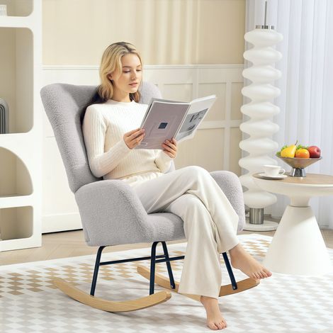 Fauteuil relax à bascule sur patins en bois, velours côtelé effet teddy gris clair, avec accoudoirs, pour salon et chambre