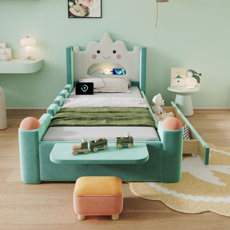 Lit enfant capitonné 90x200 avec rangement - led et usb - lit nuage tiroir réversible - sécurité anti-chute - velours bleu-vert
