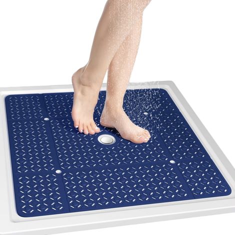 Tapis de douche carré 68,5 x 68,5 cm, en TPE antidérapant avec ventouses et trous d'évacuation, séchage rapide, bleu marine (1/5)
