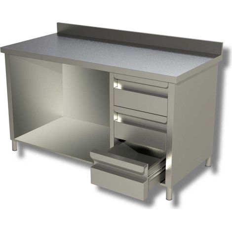 Table sur armoire ouverte avec 1 etagere et 3 tiroirs a droite et dosseret Gamme 600 - Ristopro