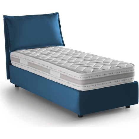 Talamo Italia Cama individual Penelope, Cama contenedor con revestimiento de tela, 100% Made in Italy, Apertura frontal, con colchón Cm 90x190 incluido, Azul, con embalaje reforzado
